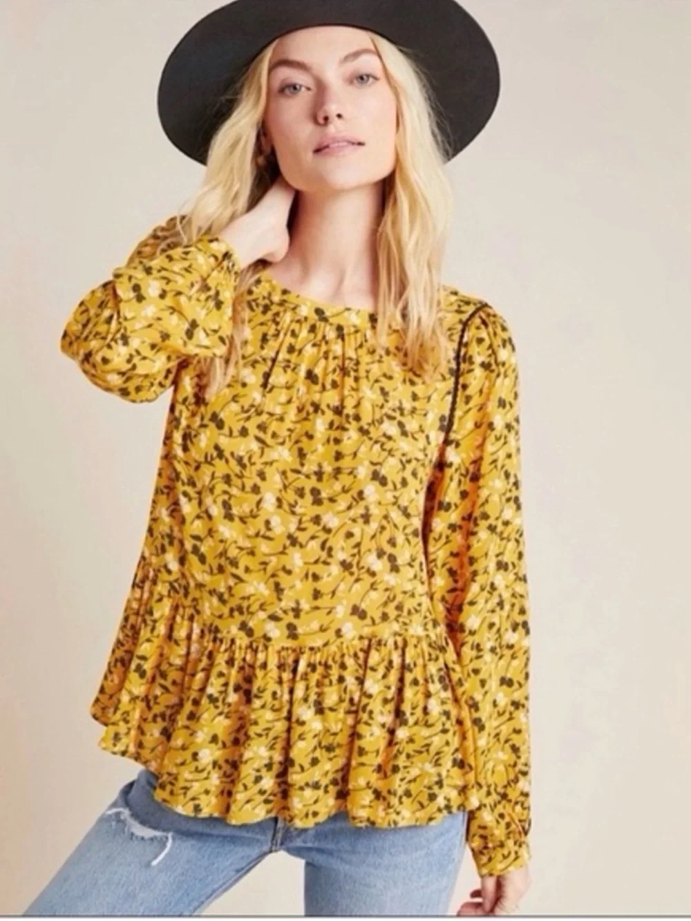 Anthropologie Mustard Floral Ruffle Peasant Blouse - Picture 1 of 7